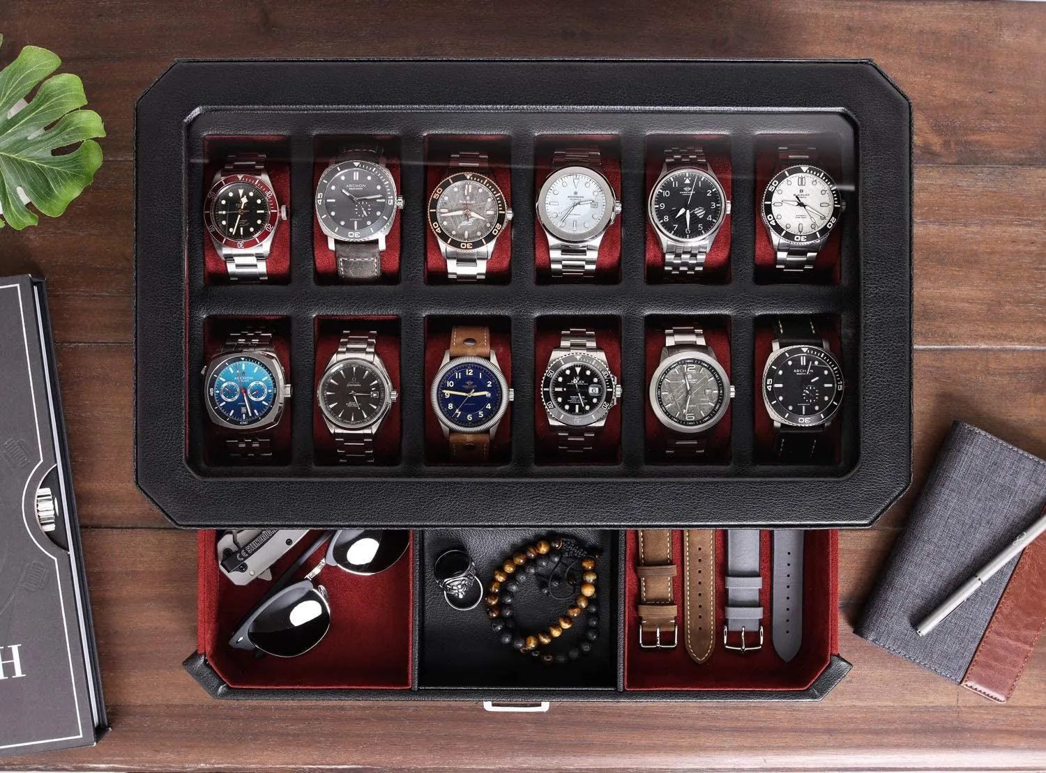 12 Slot Leather Watch Box with Valet Drawer - 12 Slot Luxury Watch Case Display Organizer