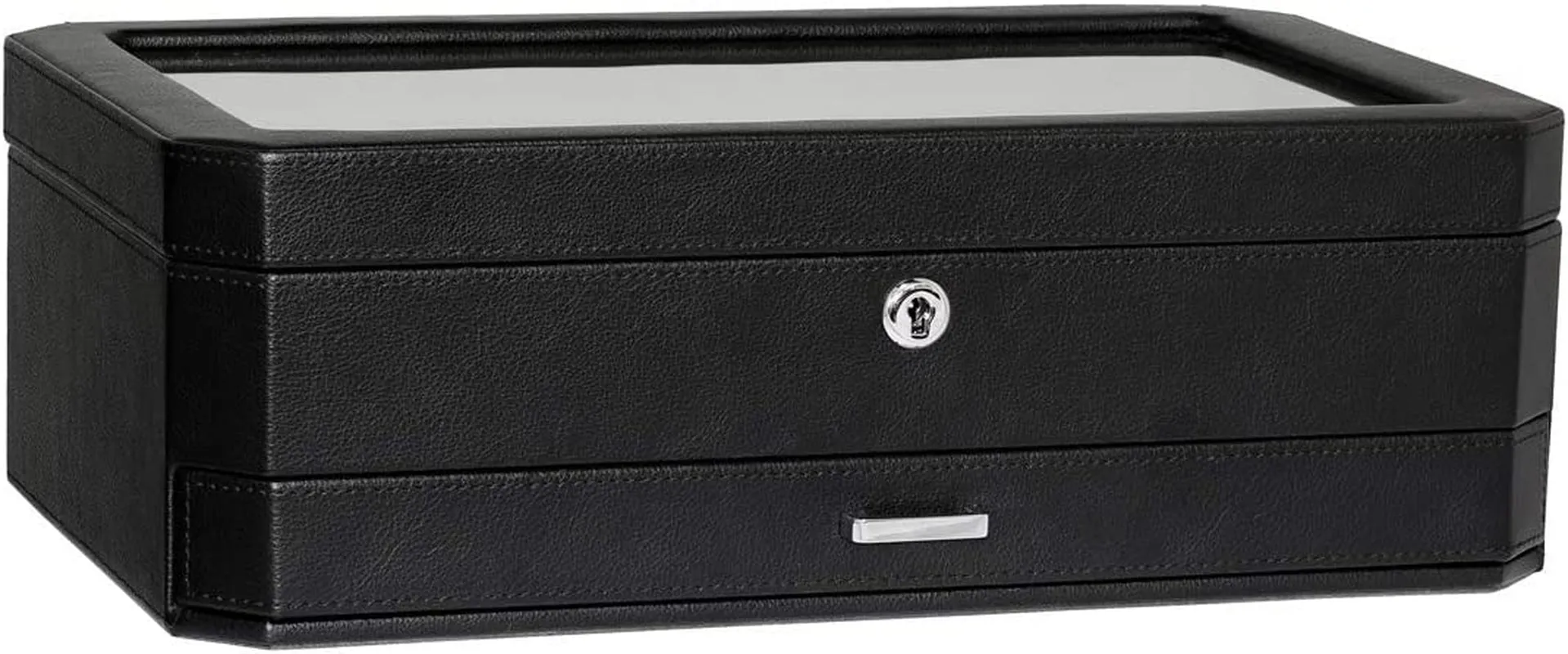 12 Slot Leather Watch Box with Valet Drawer - 12 Slot Luxury Watch Case Display Organizer