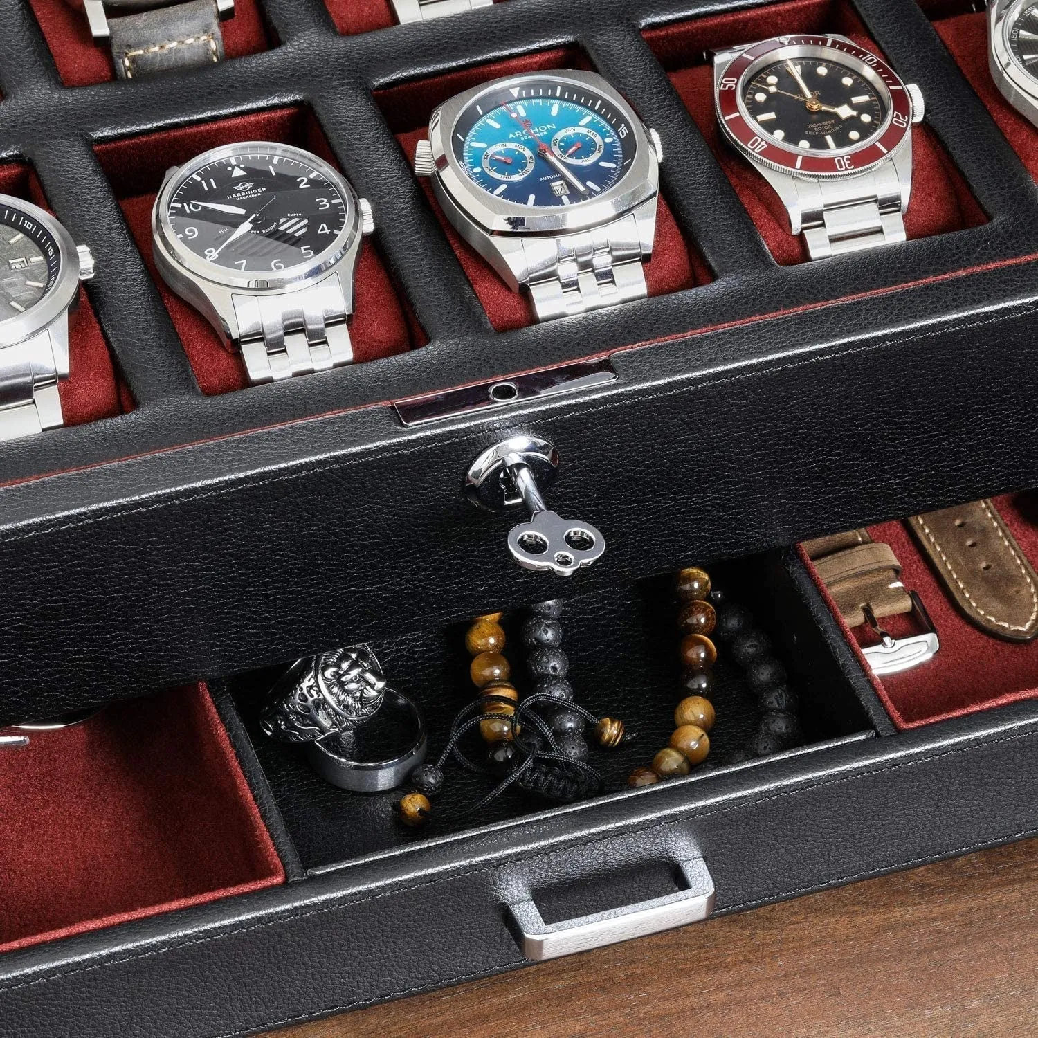 12 Slot Leather Watch Box with Valet Drawer - 12 Slot Luxury Watch Case Display Organizer