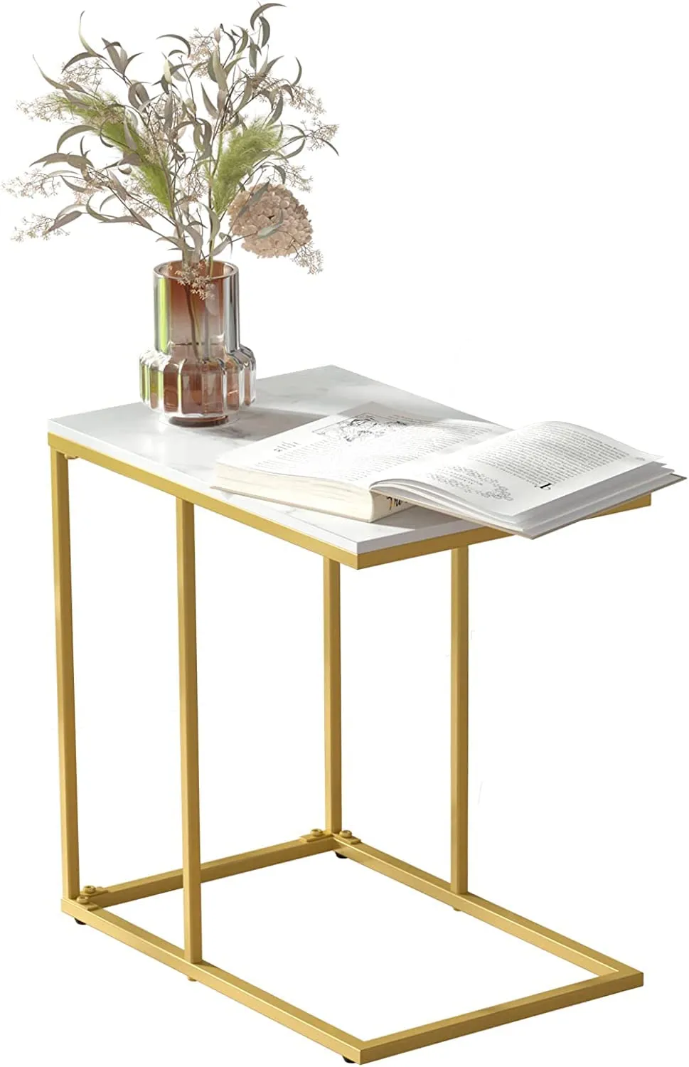 Akifi Craft Marble Top Side Table Gold C Shape Sofa End Table Slim High Gloss Marble Tabletop Bedside Golden Metal Legs Laptop Snack Narrow Small Tables Home Office Living Room Couch: (Style-4)