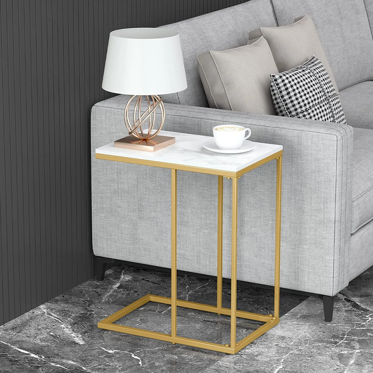 Akifi Craft Marble Top Side Table Gold C Shape Sofa End Table Slim High Gloss Marble Tabletop Bedside Golden Metal Legs Laptop Snack Narrow Small Tables Home Office Living Room Couch: (Style-4)