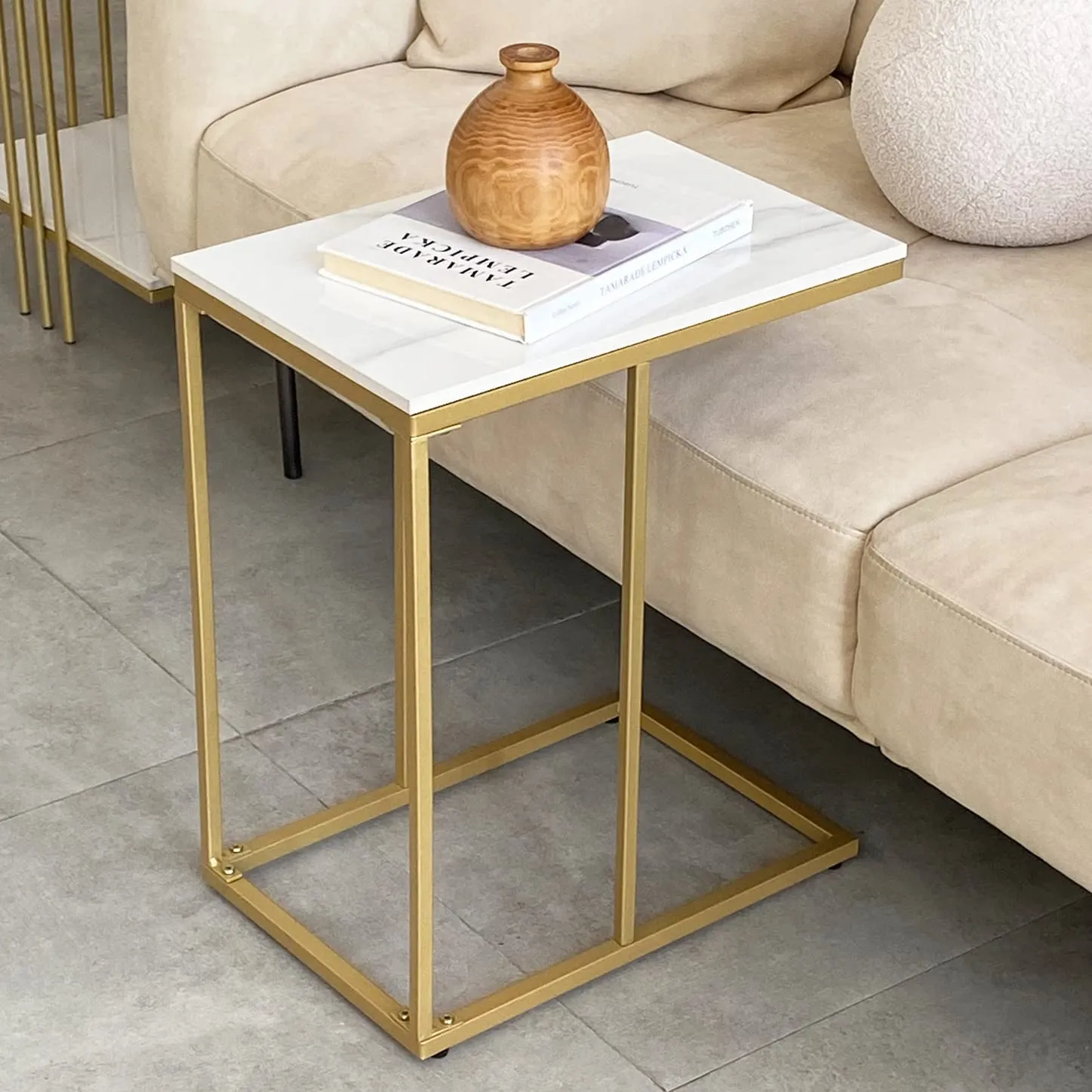 Akifi Craft Marble Top Side Table Gold C Shape Sofa End Table Slim High Gloss Marble Tabletop Bedside Golden Metal Legs Laptop Snack Narrow Small Tables Home Office Living Room Couch: (Style-4)