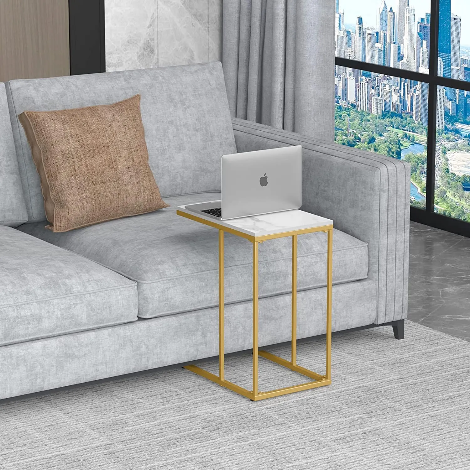 Akifi Craft Marble Top Side Table Gold C Shape Sofa End Table Slim High Gloss Marble Tabletop Bedside Golden Metal Legs Laptop Snack Narrow Small Tables Home Office Living Room Couch: (Style-4)