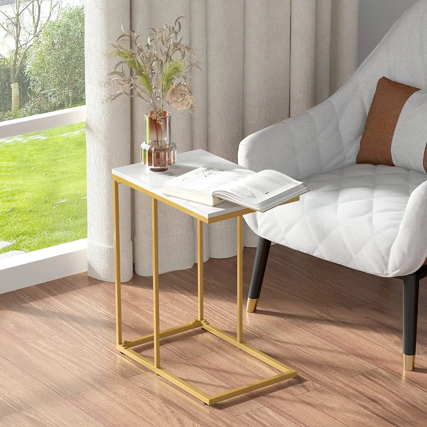 Akifi Craft Marble Top Side Table Gold C Shape Sofa End Table Slim High Gloss Marble Tabletop Bedside Golden Metal Legs Laptop Snack Narrow Small Tables Home Office Living Room Couch: (Style-4)