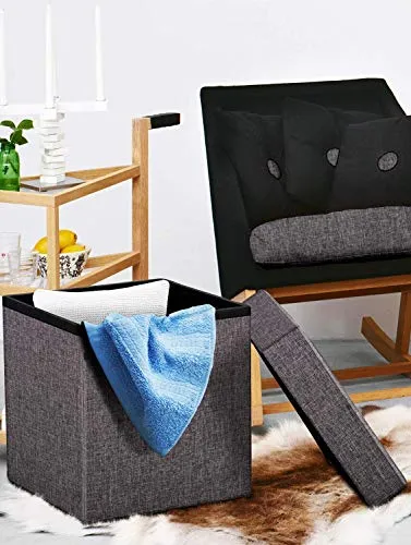 ALMAND 30X30X30 cm Folding Storage Ottoman Cube Footrest Stool Coffee Table Puppy Step Top Organizer Box Pouf Chest Single Seat- Linen Grey