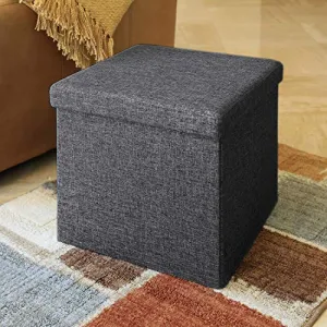 ALMAND 30X30X30 cm Folding Storage Ottoman Cube Footrest Stool Coffee Table Puppy Step Top Organizer Box Pouf Chest Single Seat- Linen Grey