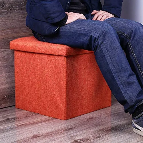 ALMAND (Label 30X30X30 cm Folding Storage Ottoman Cube Footrest Stool Coffee Table Puppy Step Top Organizer Box Pouf Chest Single Seat- Linen Orange