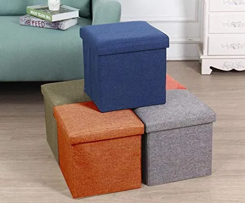 ALMAND (Label 30X30X30 cm Folding Storage Ottoman Cube Footrest Stool Coffee Table Puppy Step Top Organizer Box Pouf Chest Single Seat- Linen Orange