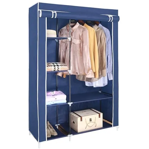 AROME PUR Canvas Wardrobe Organizer Clothes Rail Shelves Storage Closet Double Short (Blue)