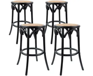 Aster 4pc Round Bar Stools Dining Stool Chair Solid Birch Wood Rattan Seat Black