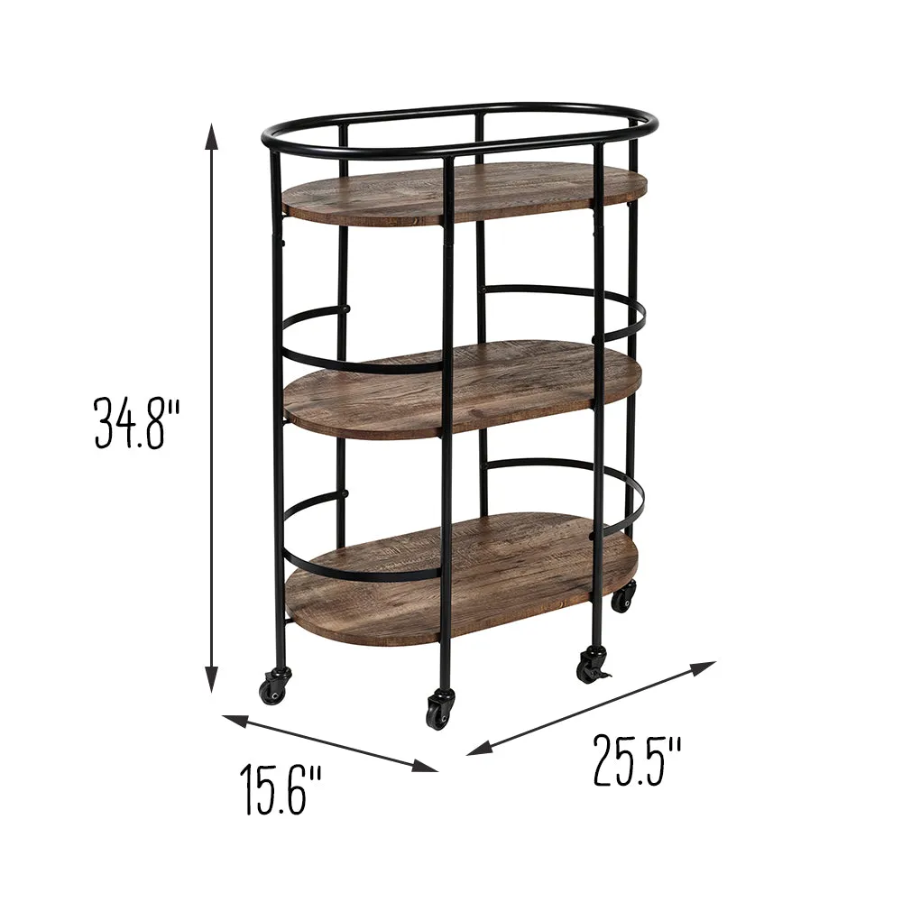 Black/Rustic Brown 3-Tier Rolling Bar and Serving Cart