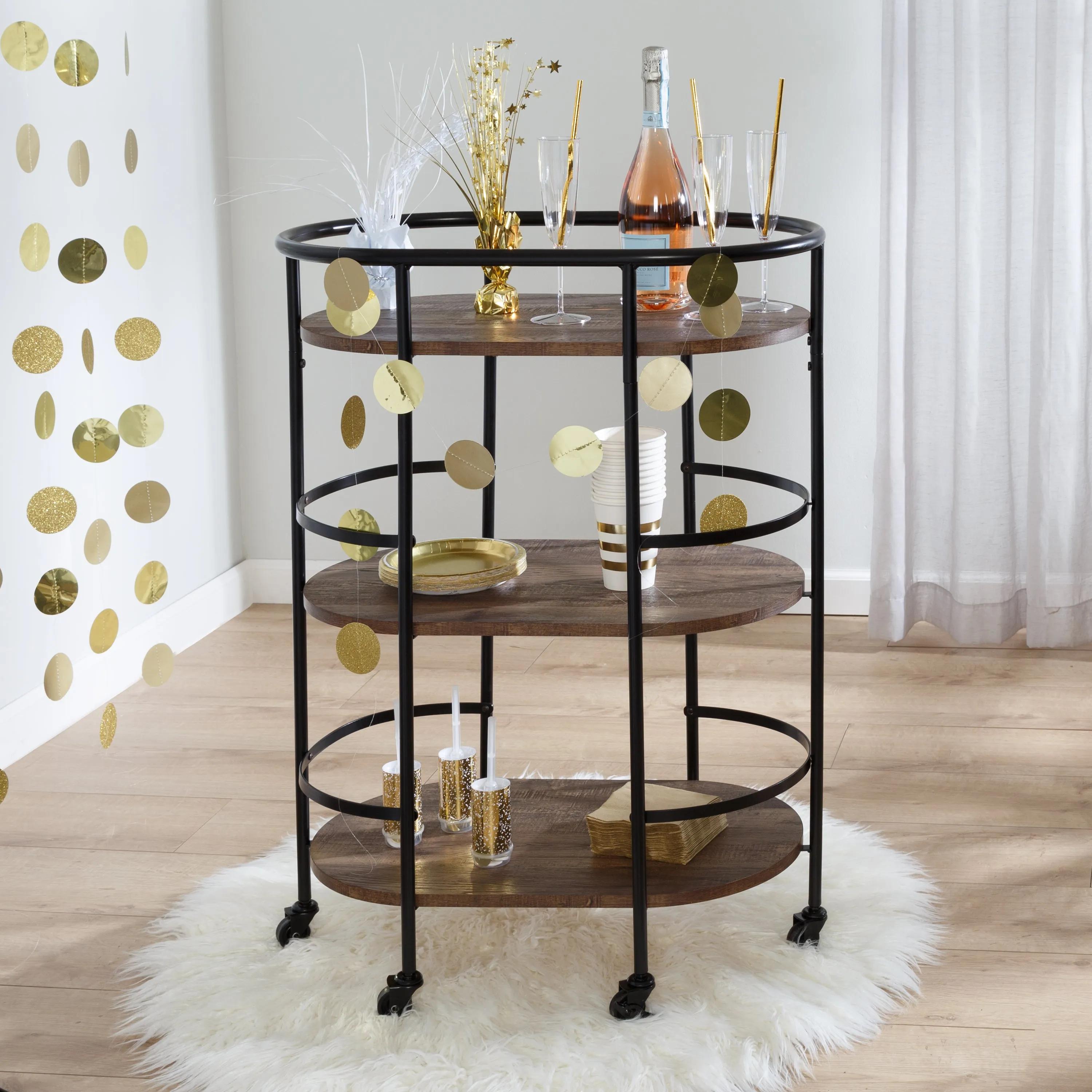 Black/Rustic Brown 3-Tier Rolling Bar and Serving Cart