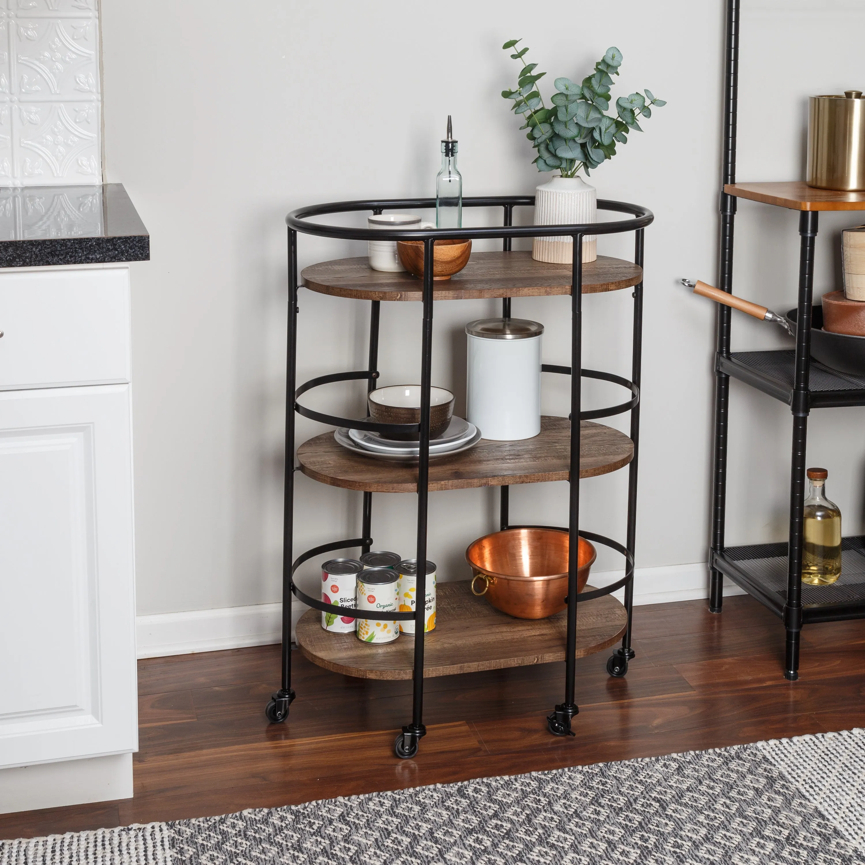 Black/Rustic Brown 3-Tier Rolling Bar and Serving Cart