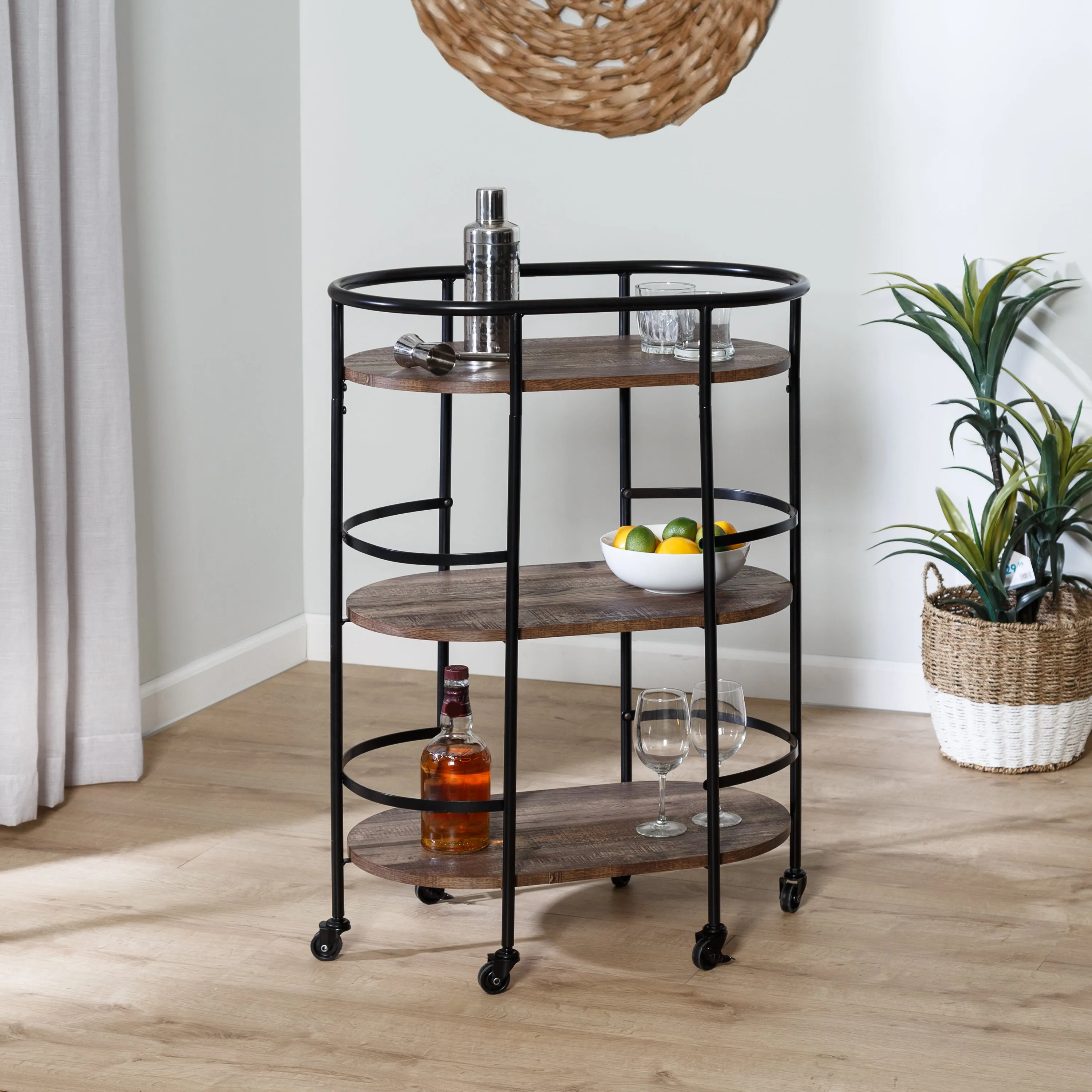 Black/Rustic Brown 3-Tier Rolling Bar and Serving Cart