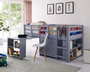 Caden Grey Twin Loft Bed with Desk, Dresser & Bookcase