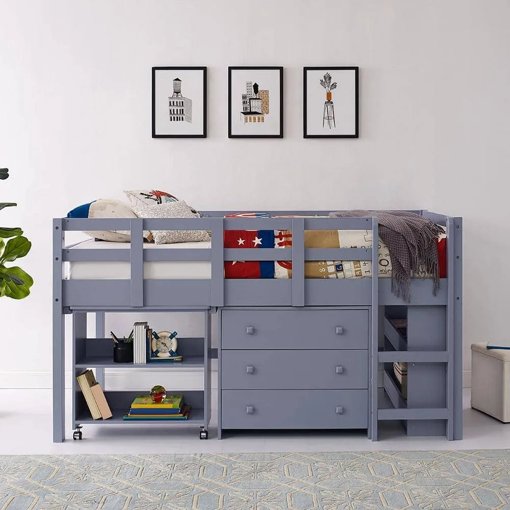 Caden Grey Twin Loft Bed with Desk, Dresser & Bookcase