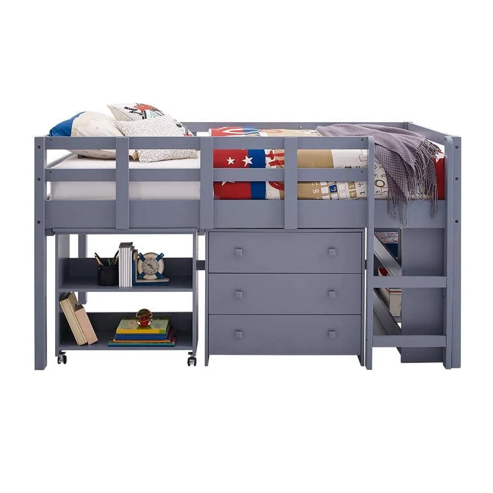 Caden Grey Twin Loft Bed with Desk, Dresser & Bookcase