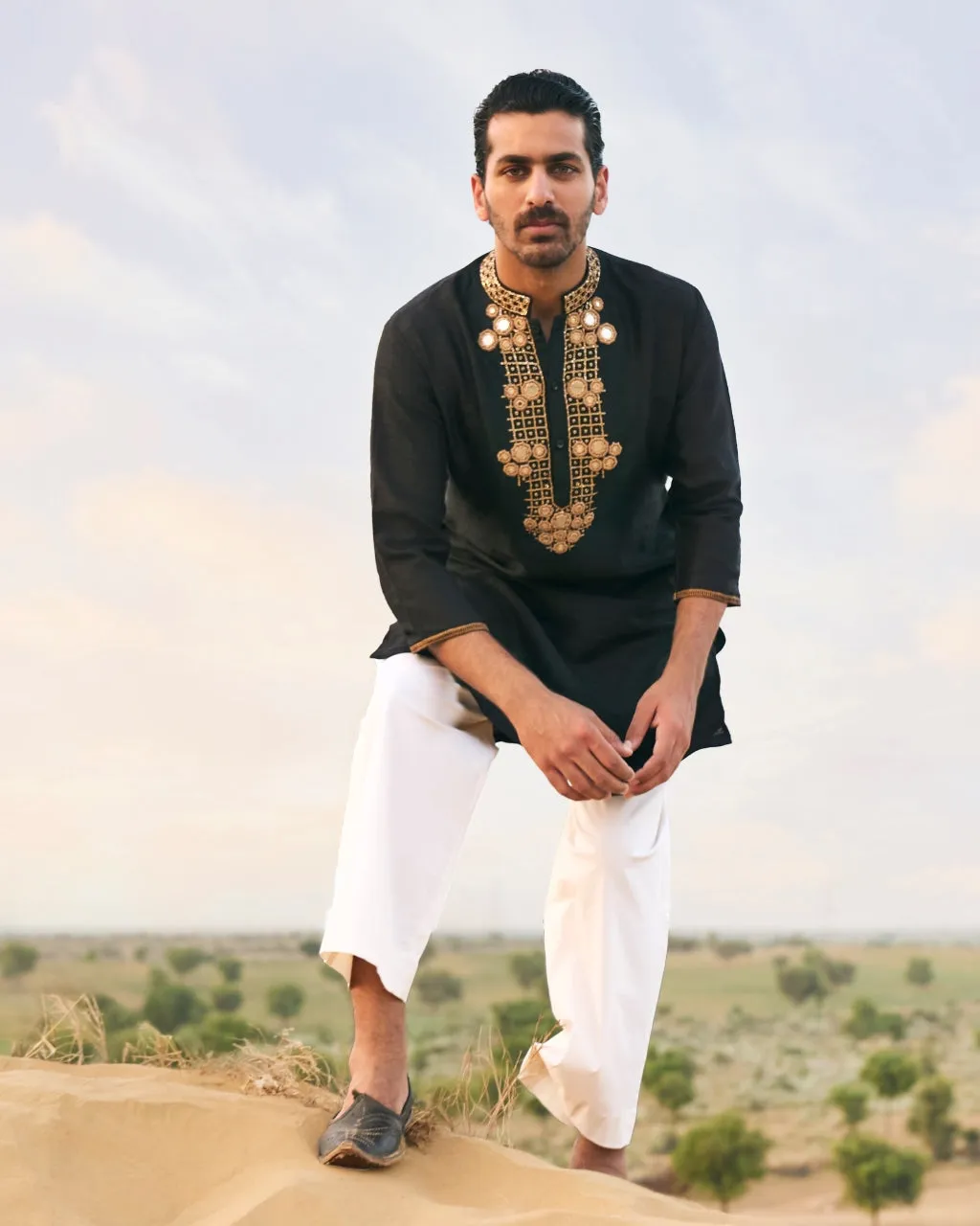 Classic Black Kurta Set with Gold Mirrors