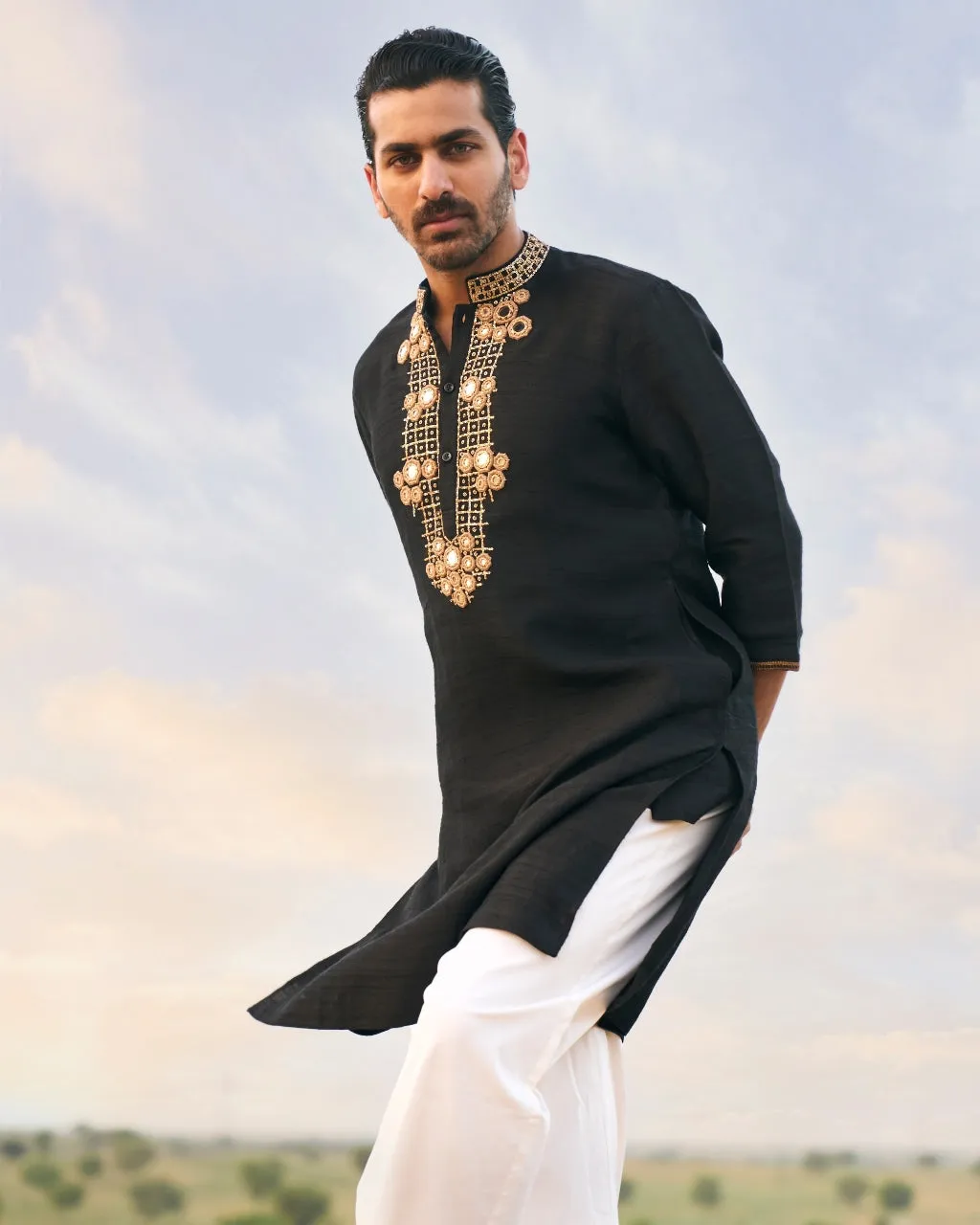 Classic Black Kurta Set with Gold Mirrors