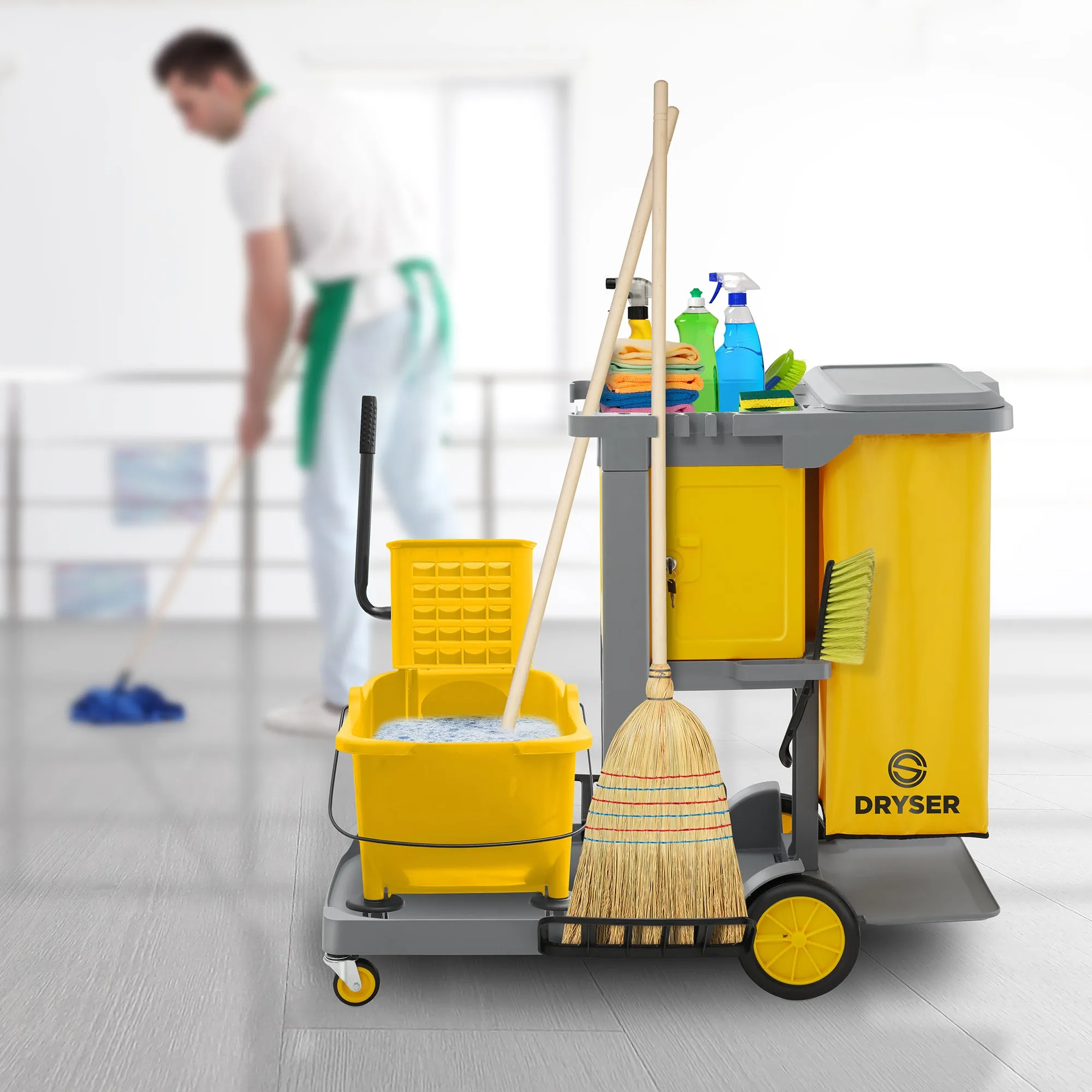 Dryser Commercial Janitorial Cleaning Cart with Key-Locking Cabinet