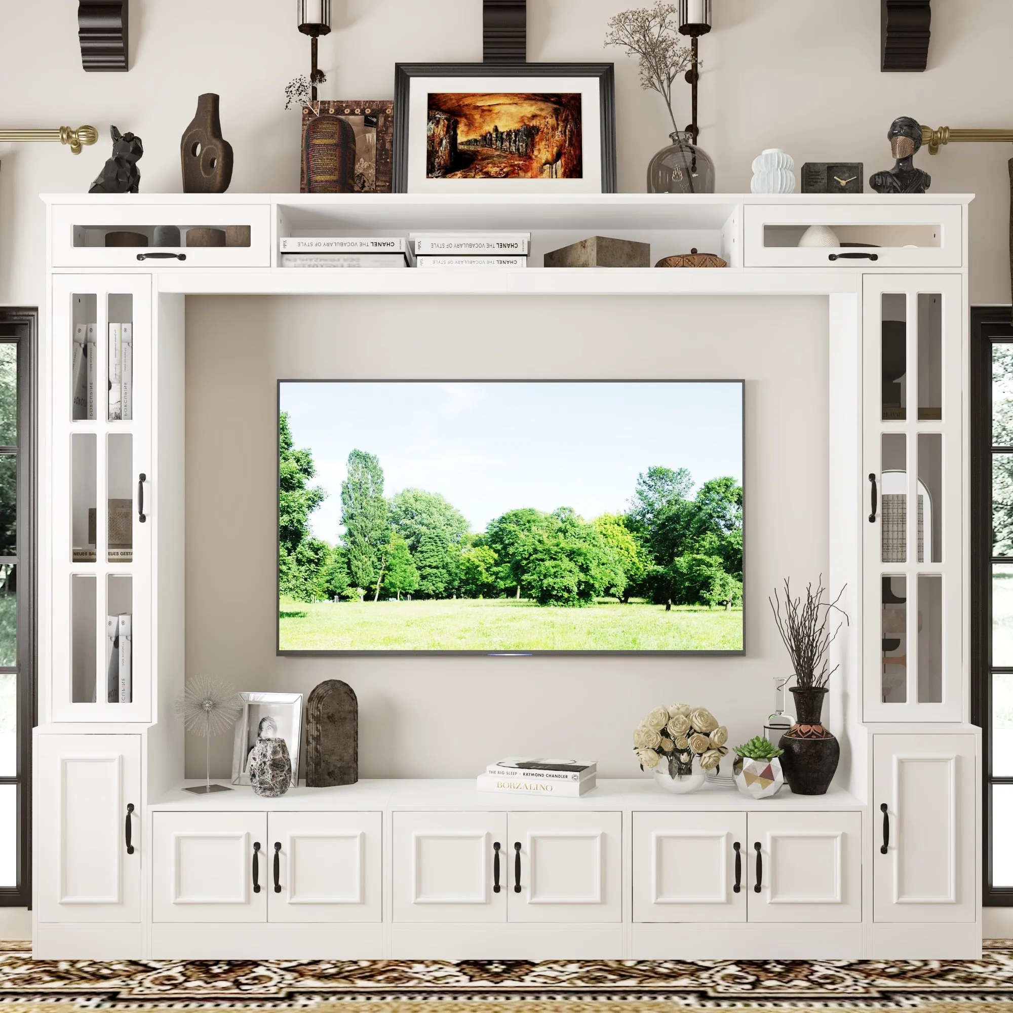 Entertainment Center With White Finish and Strong Storage