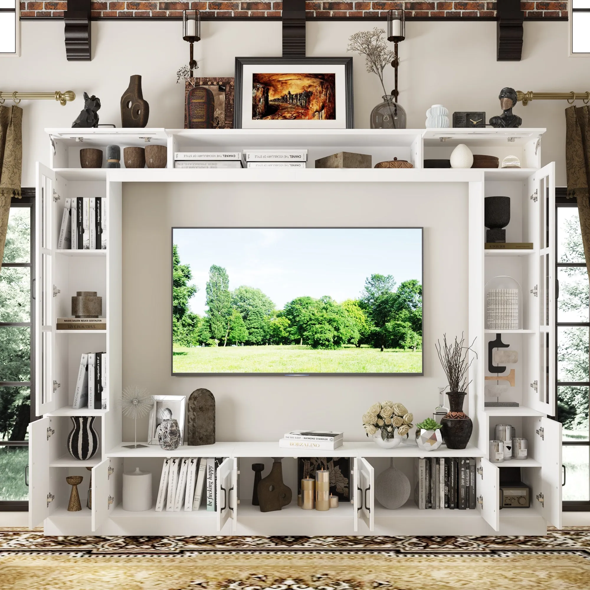 Entertainment Center With White Finish and Strong Storage