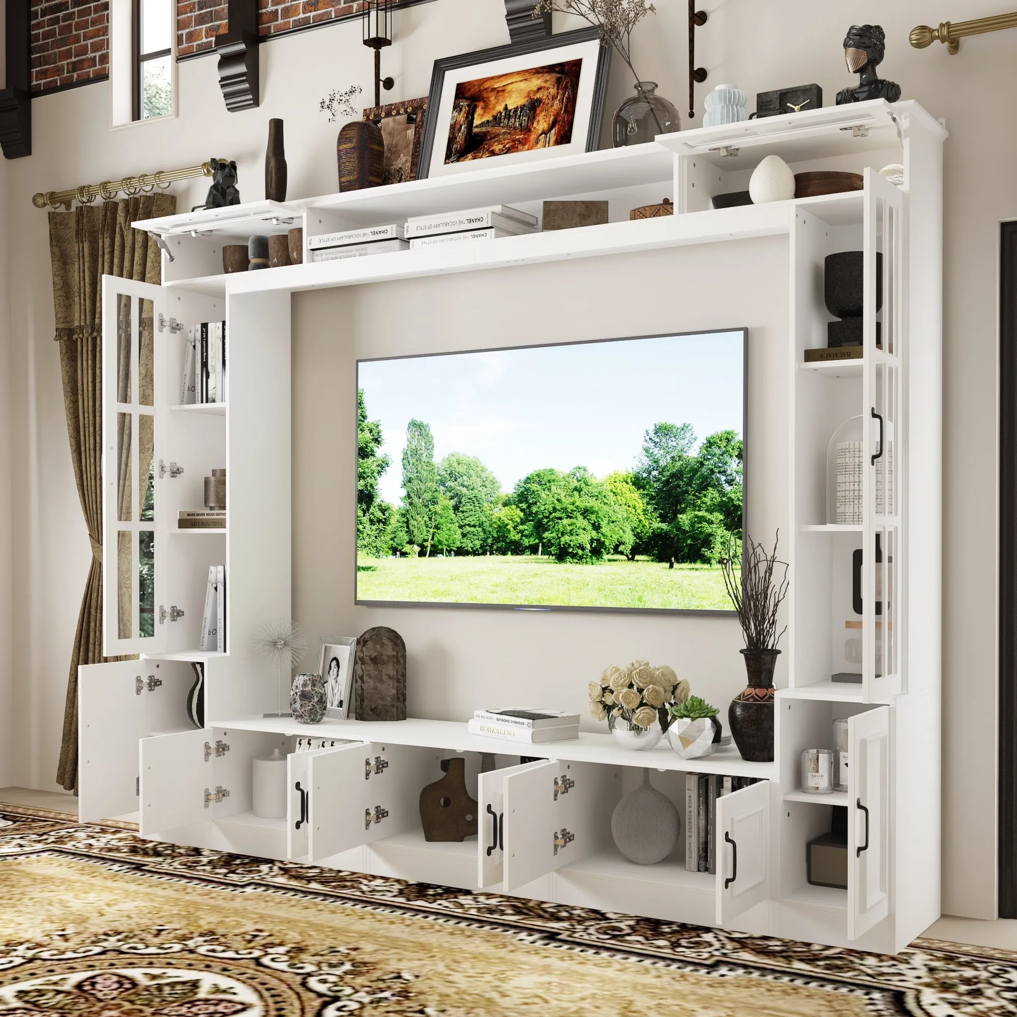 Entertainment Center With White Finish and Strong Storage