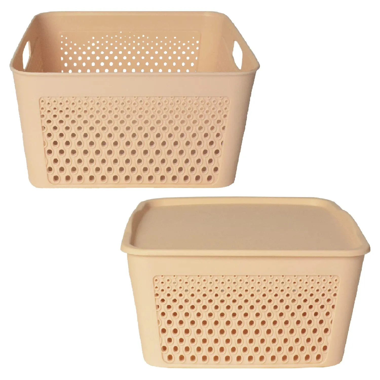 Heart Home Netted Design Unbreakable Multipurpose Square Shape Plastic Storage Baskets with lid Medium Pack of 2 (Beige)