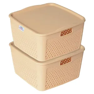 Heart Home Netted Design Unbreakable Multipurpose Square Shape Plastic Storage Baskets with lid Medium Pack of 2 (Beige)