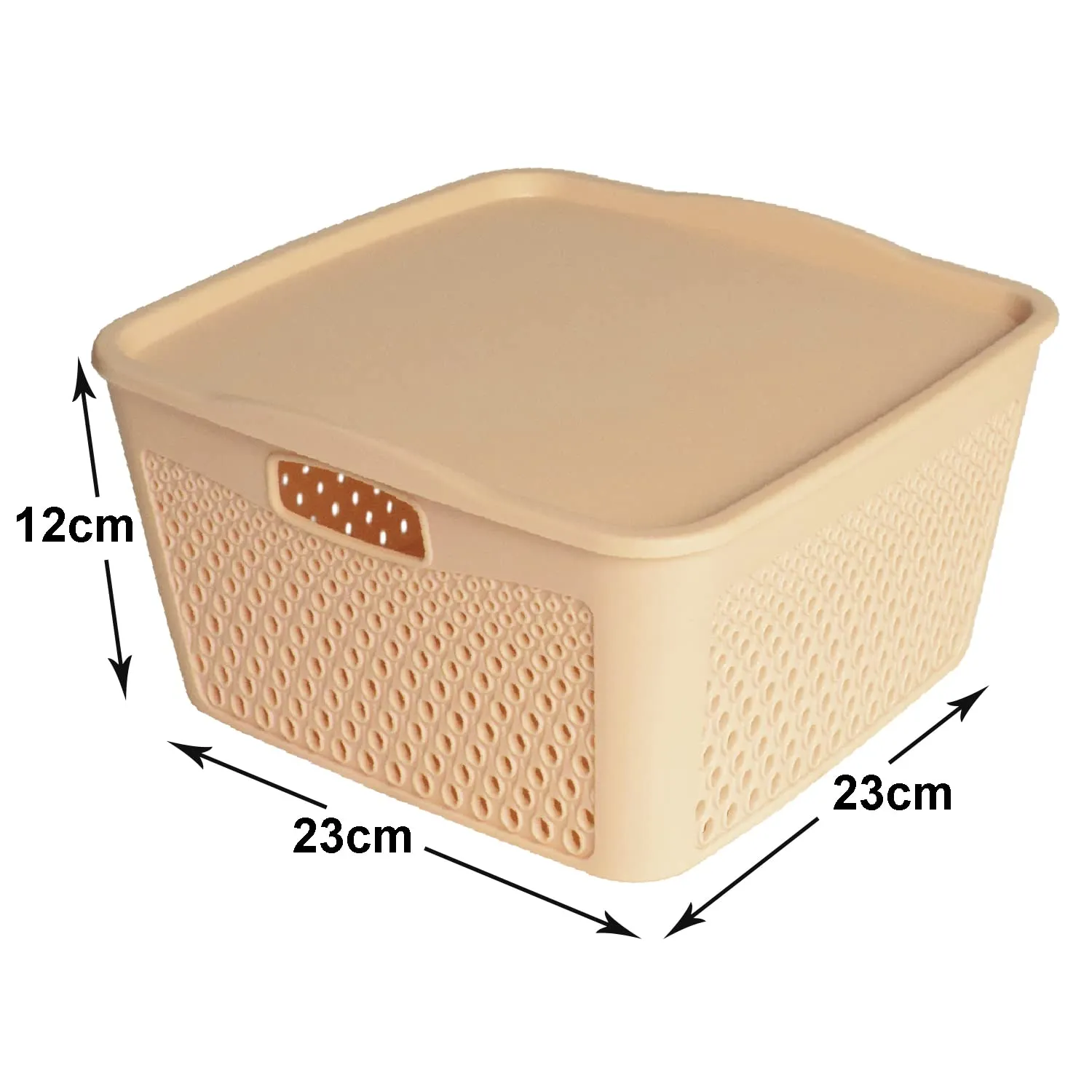 Heart Home Netted Design Unbreakable Multipurpose Square Shape Plastic Storage Baskets with lid Medium Pack of 2 (Beige)