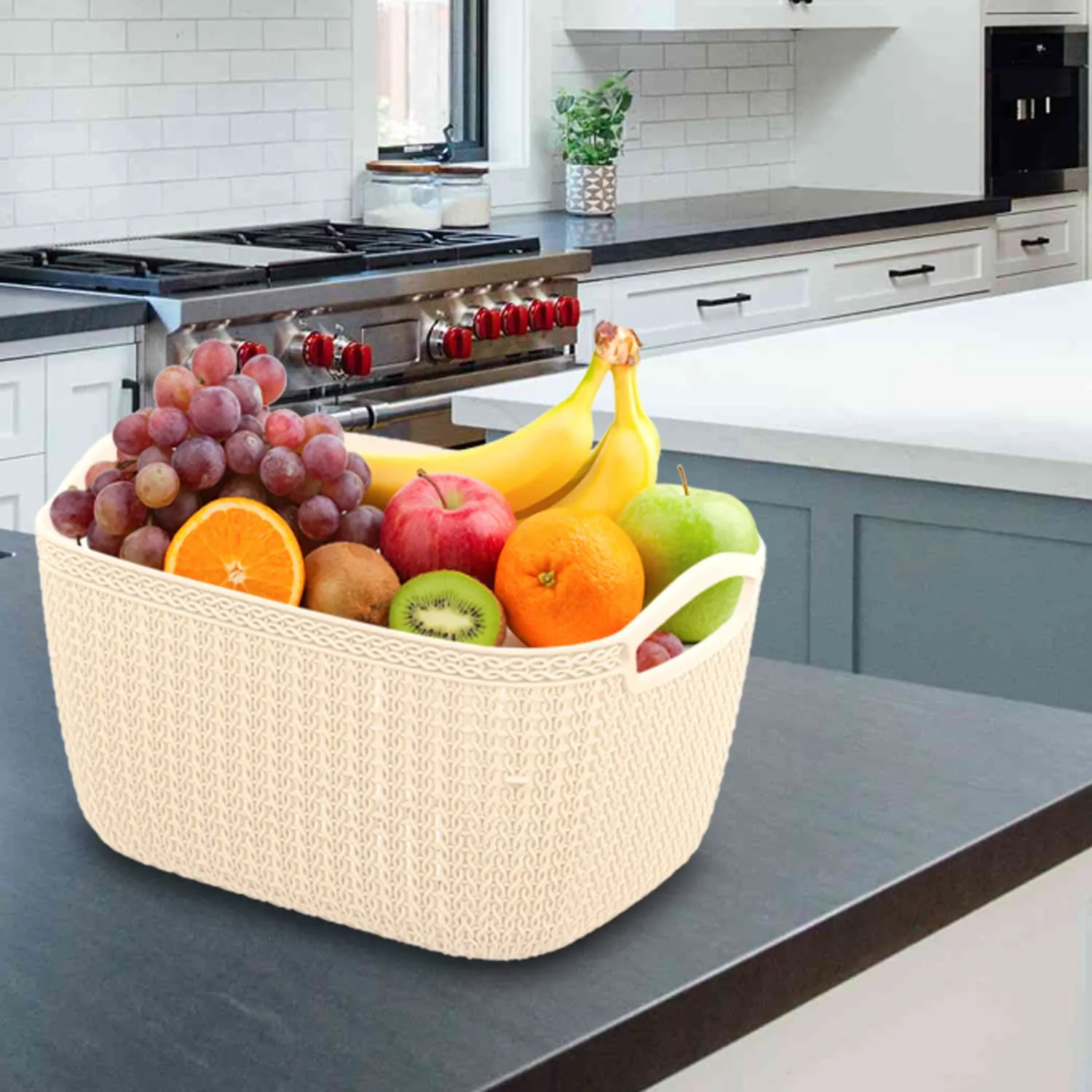 Heart Home Q-6 Designer Plastic Storage Basket For Store Fruits, Vegetables, Magazines, Cosmetics, Stationary (Beach)-50HH01658