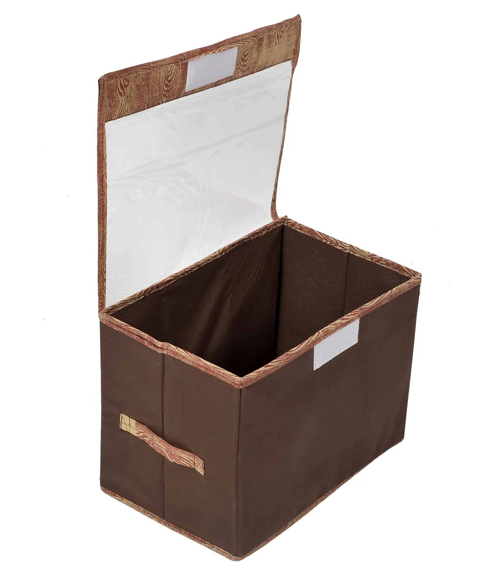 Heart Home Wooden Design Foldable Small Non-Woven Storage Box/Bin For Books, Towels, Magazines, DVDs & More With Tranasparent Lid- Pack of 2 (Brown) -44HH0432