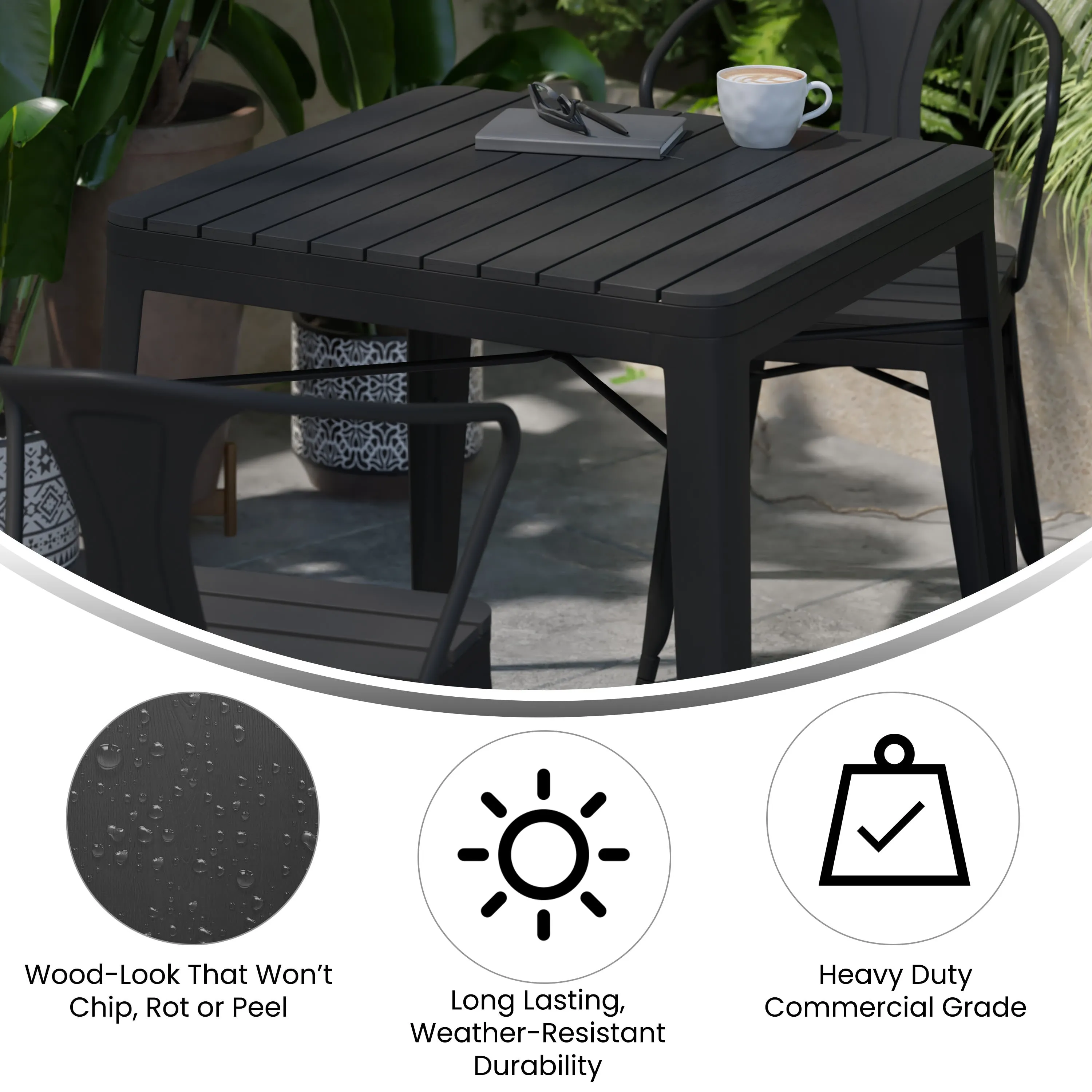 Helvey 31.5" Square Commercial Grade Indoor/Outdoor Steel Patio Dining Table for 4 with Poly Resin Slatted Top