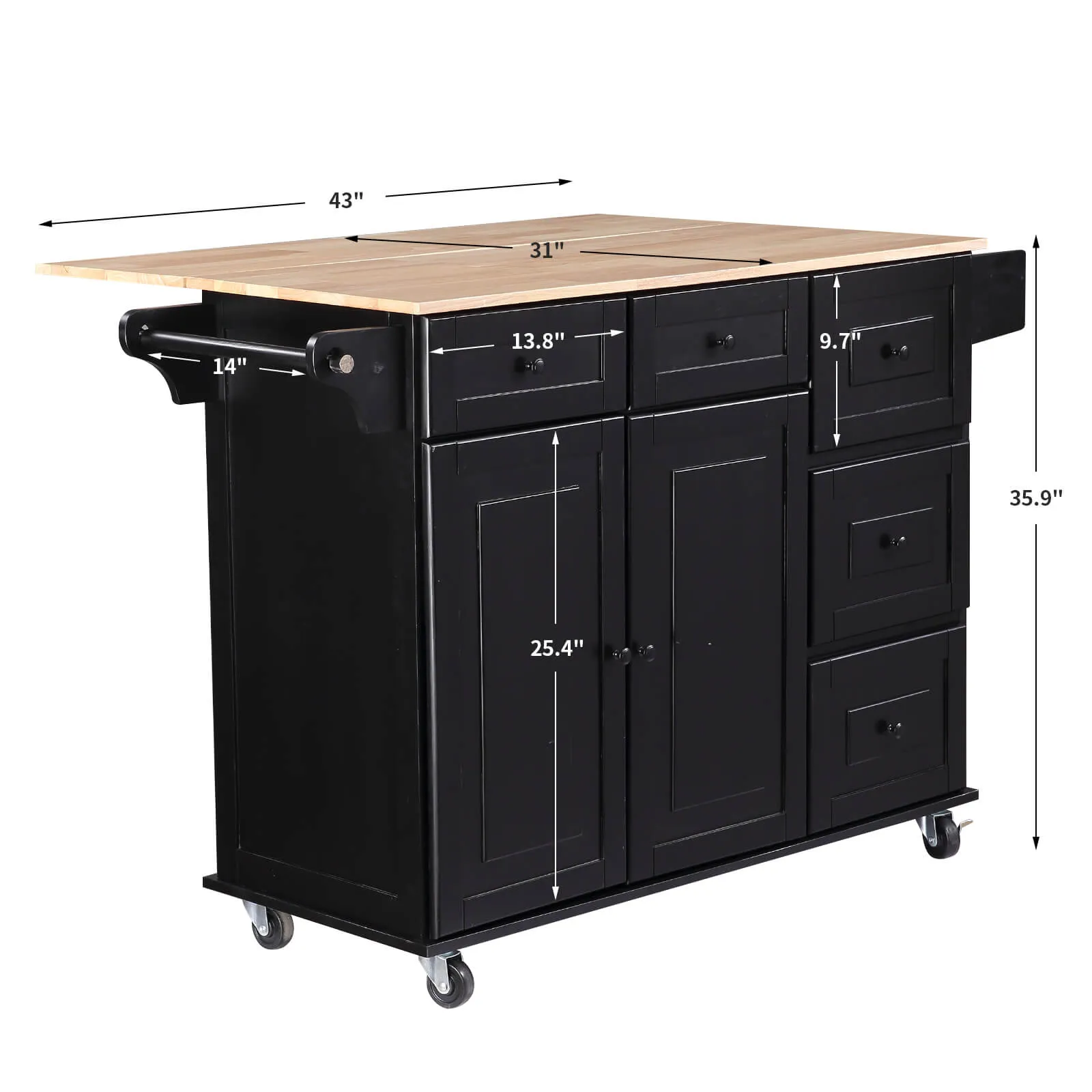 Homrest Rolling Kitchen Island on Wheels with Drop Leaf, Rack and Drawer, Black