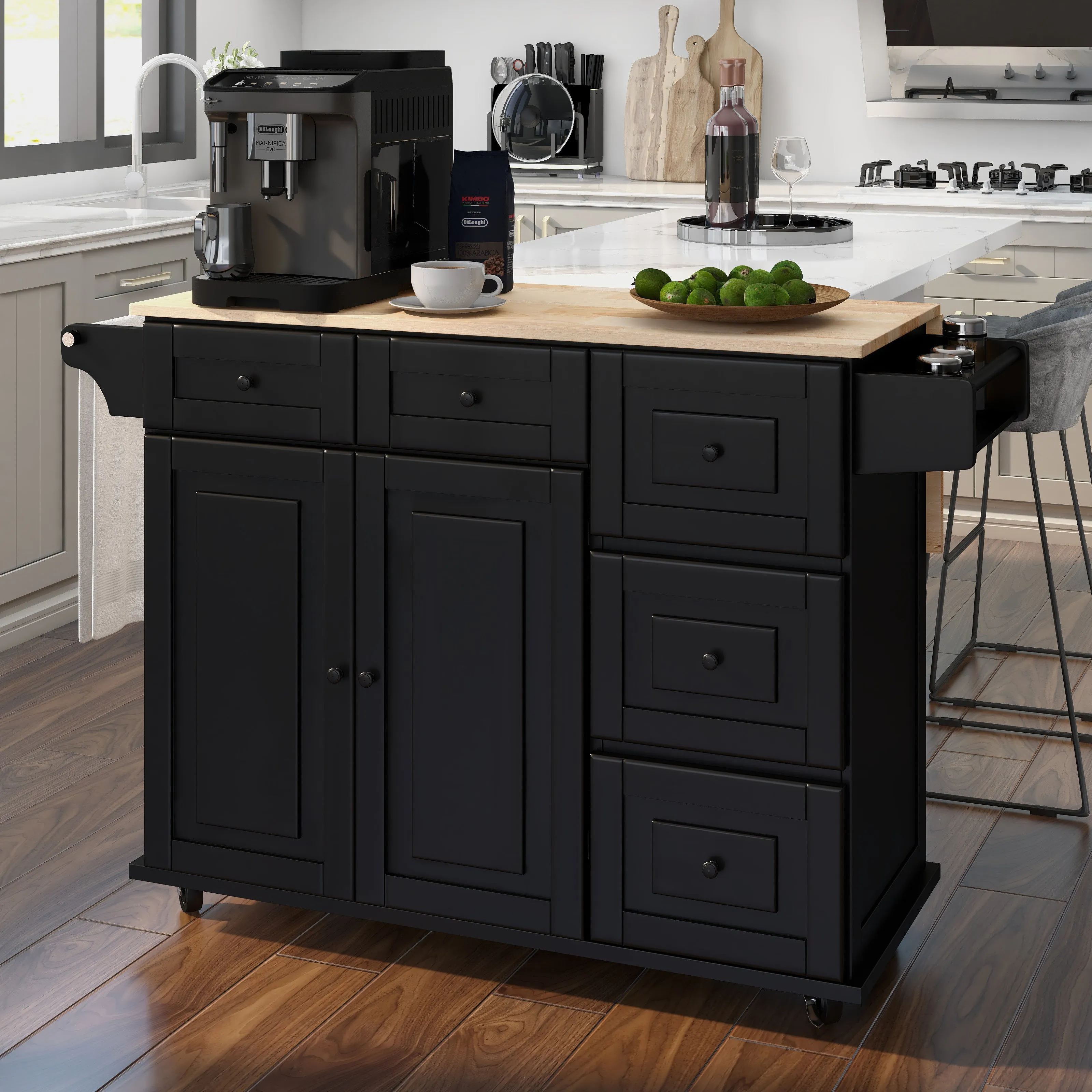 Homrest Rolling Kitchen Island on Wheels with Drop Leaf, Rack and Drawer, Black