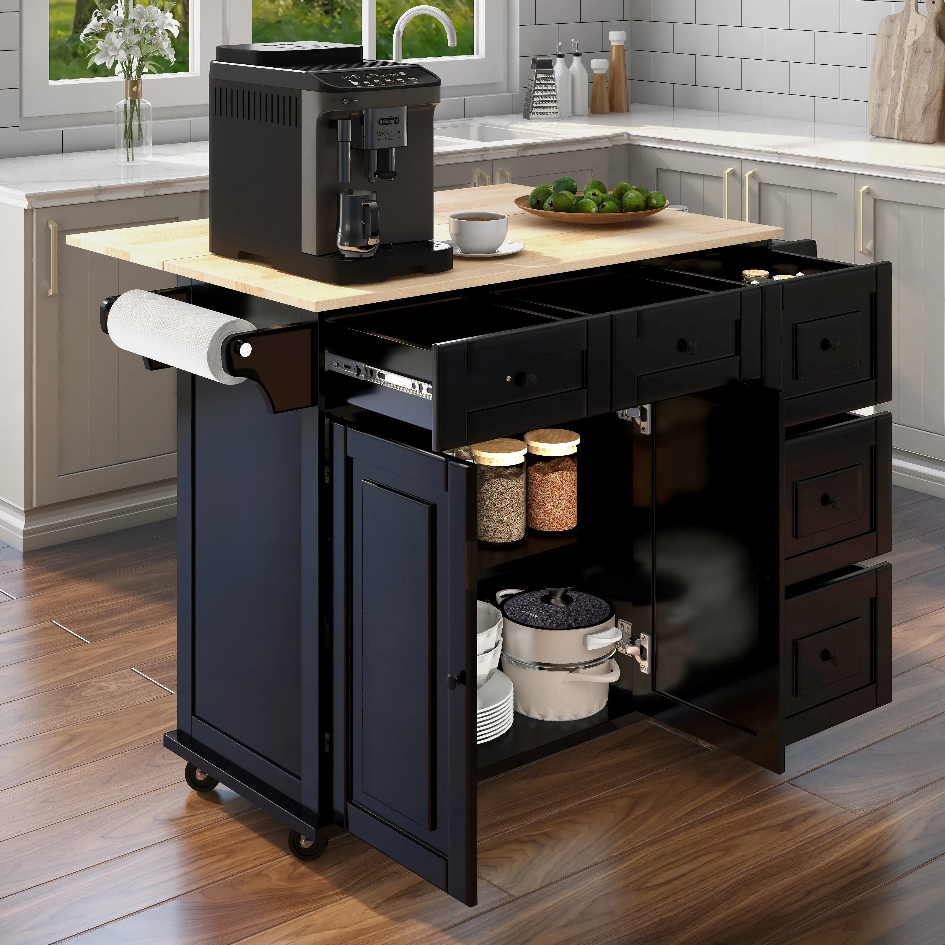 Homrest Rolling Kitchen Island on Wheels with Drop Leaf, Rack and Drawer, Black