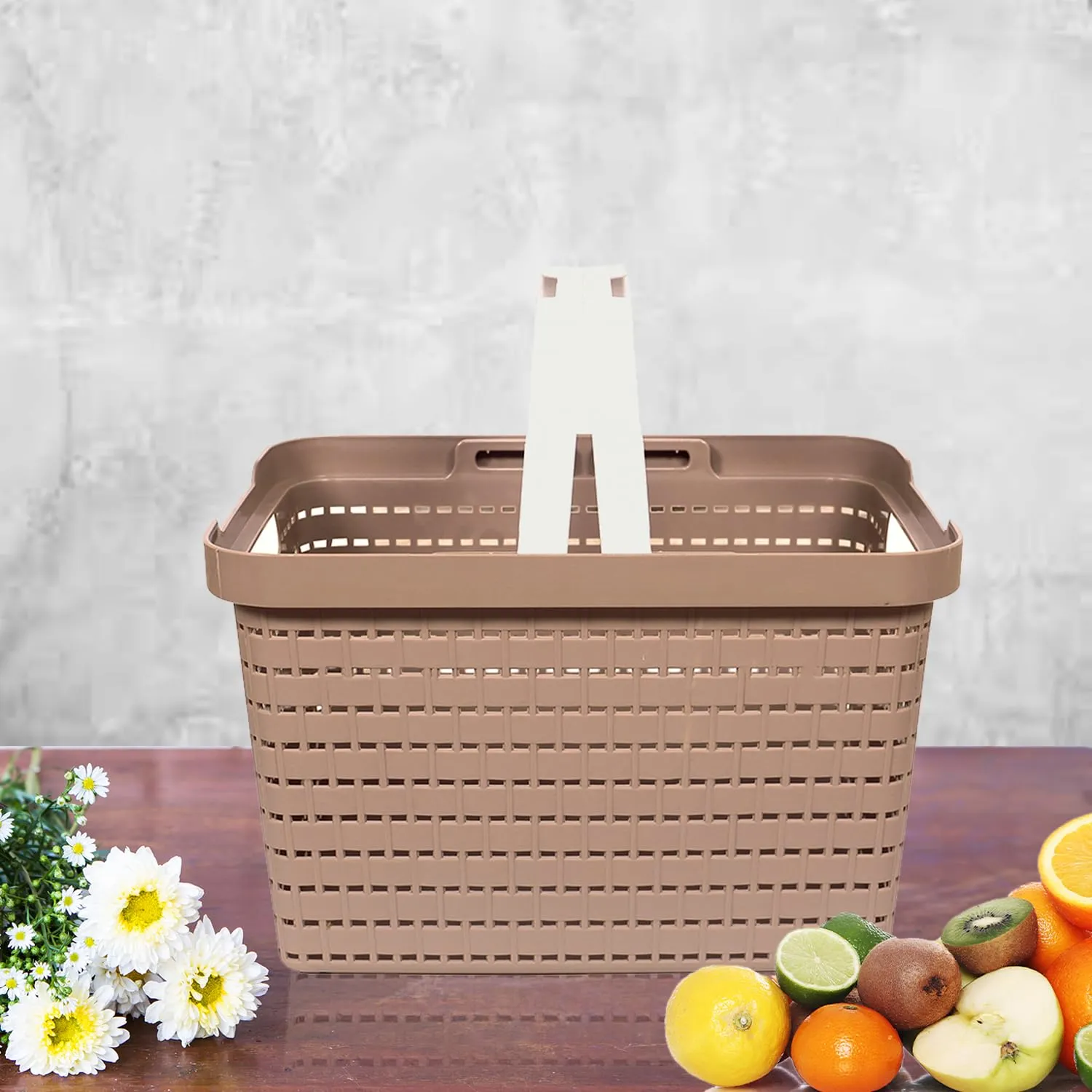 Kuber Industries Basket | Plastic Fruits Storage Basket | Picnic Storage Basket | Kitchen Storage Basket | Stationery Storage Basket | FLORA-333 | Pack of 2 | Coffee & Gray