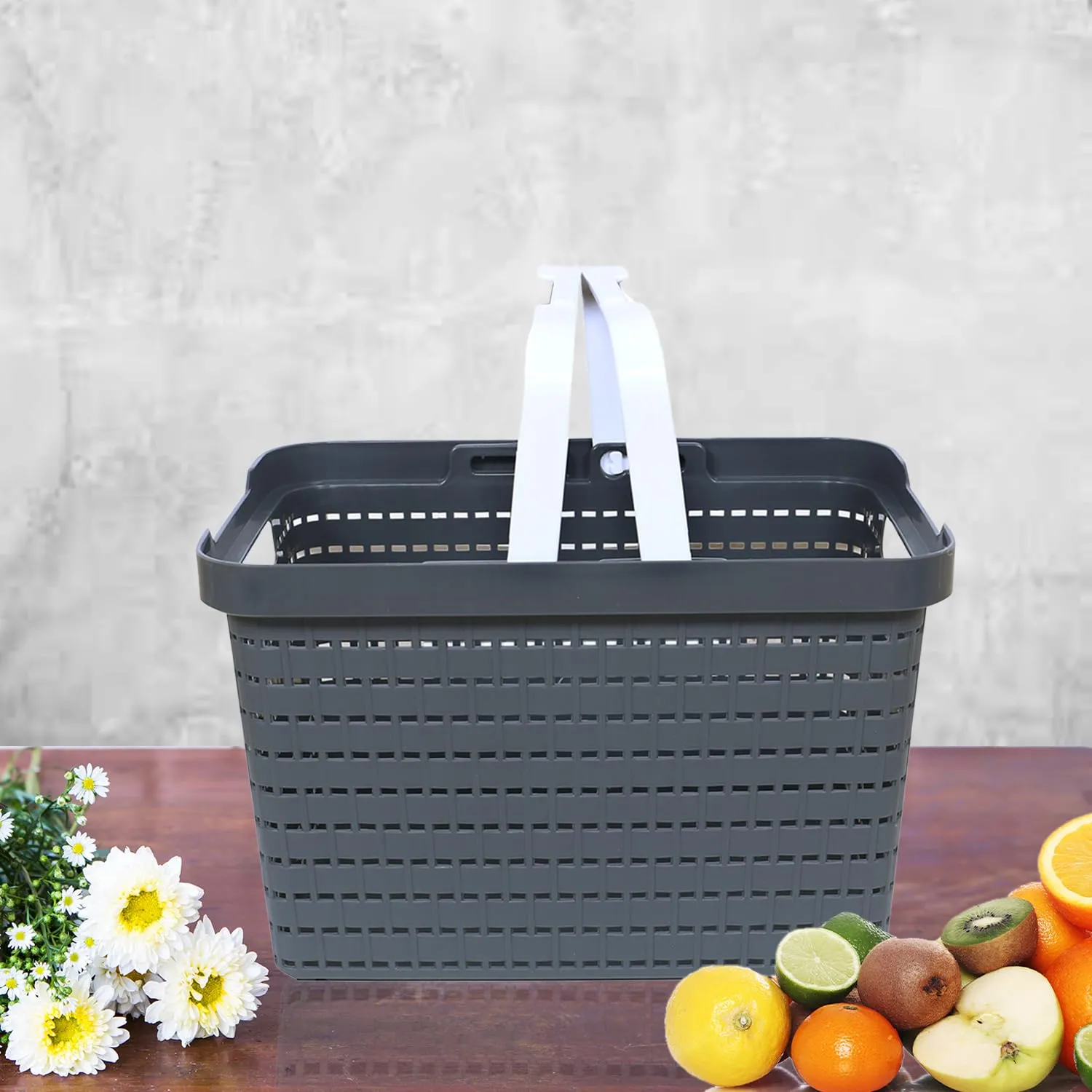 Kuber Industries Basket | Plastic Storage Basket for Fruits | Storage Basket for Picnic | Storage Basket for Kitchen | Stationery Storage Basket | FLORA-333 | Pack of 3 | Gray