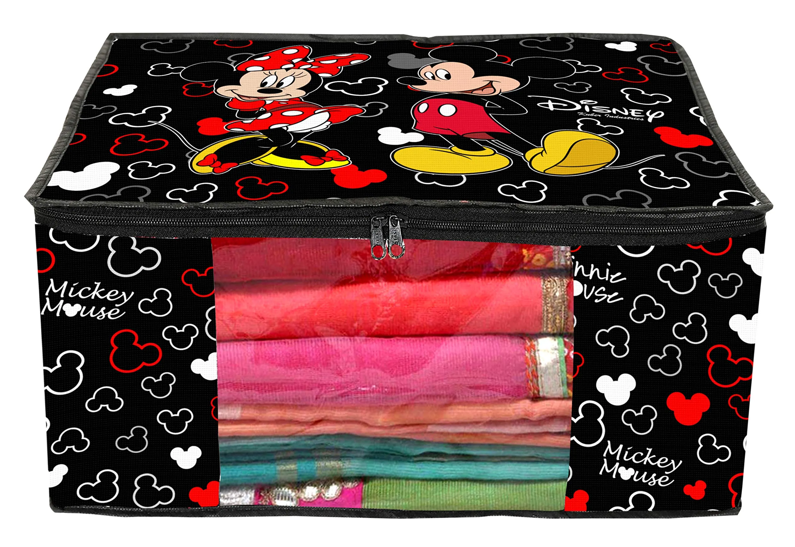 Kuber Industries Disney Mickey Print Non Woven Saree Cover|Clothes Organiser For Wardrobe | Transparent Window|Extra Large, Pack of 3 (Black) -HS_35_KUBMARTS18127