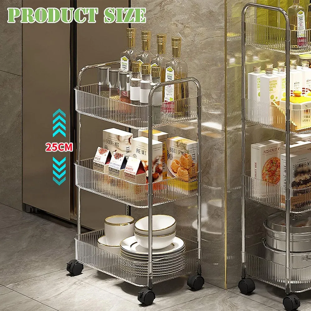 (Net) 3 Layer Household Kitchen Transparent Storage Rack Simple Mobile Trolley Bathroom Storage Organizers Home Furniture