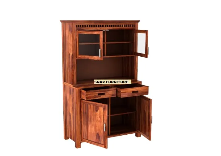 NEW LOOK FURNITURE Solid sheesham Wood Kitchen Crockery Cabinet with Drawer, Shelf and Doors for Storage Unit Wooden Sideboard Storage Cabinet for Home and Kitchen -Honey