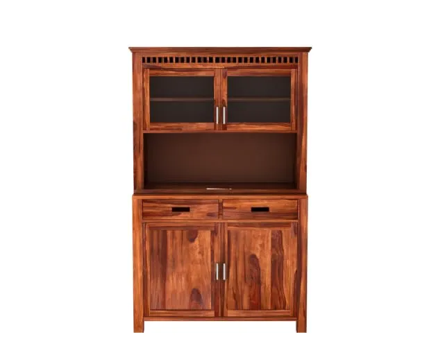 NEW LOOK FURNITURE Solid sheesham Wood Kitchen Crockery Cabinet with Drawer, Shelf and Doors for Storage Unit Wooden Sideboard Storage Cabinet for Home and Kitchen -Honey