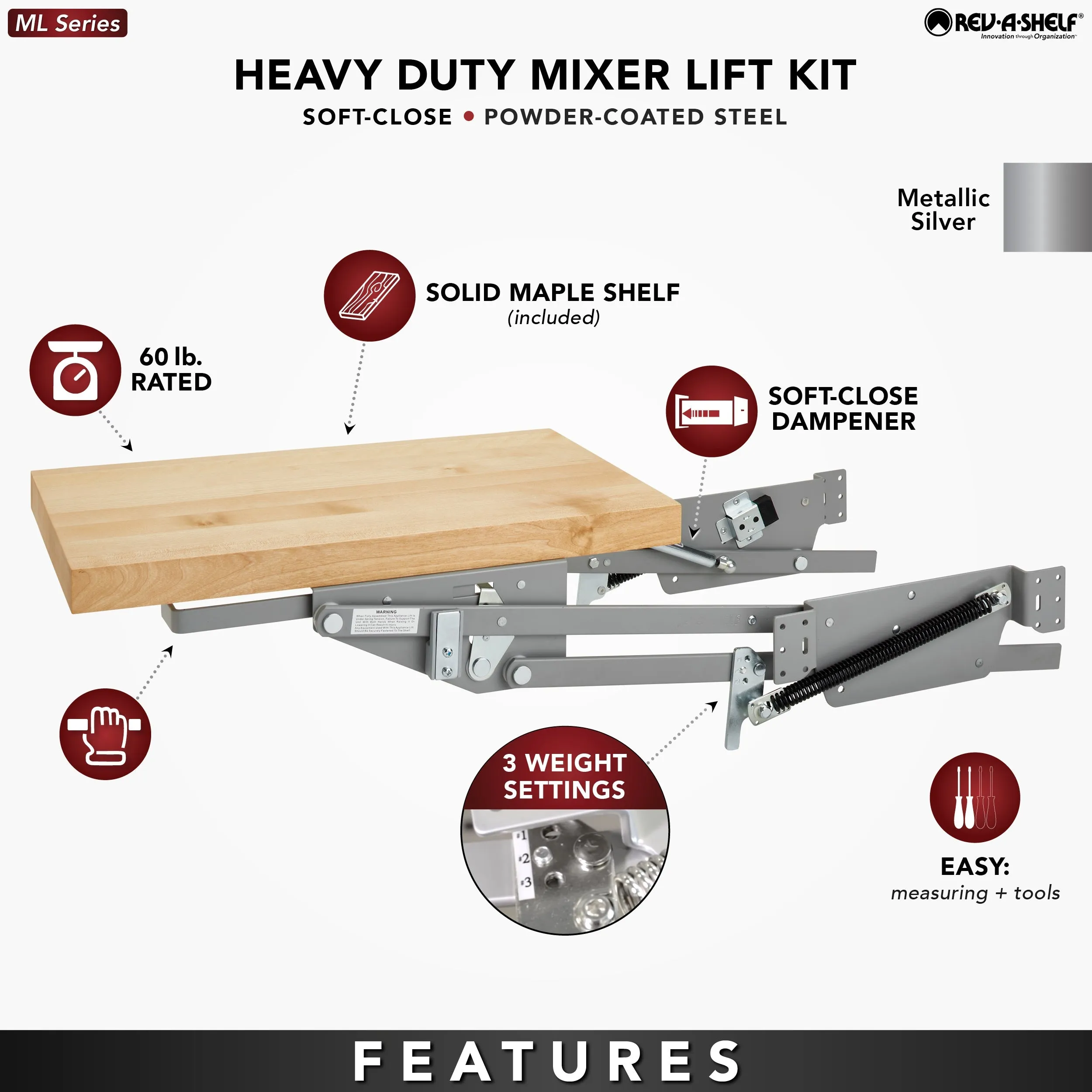 Rev-A-Shelf Heavy Duty Appliance Lift with Maple Shelf Soft Close ML-MPHDSCCR-18