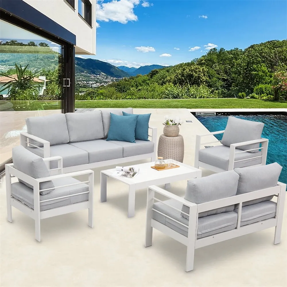 Superjoe 5 Pcs Outdoor Aluminum Furniture Set 7 Seats Patio Sectional Sofa Conversation Set Metal Sofa with 5 Inch Cushion and Coffee Table for Balcony, Garden, White