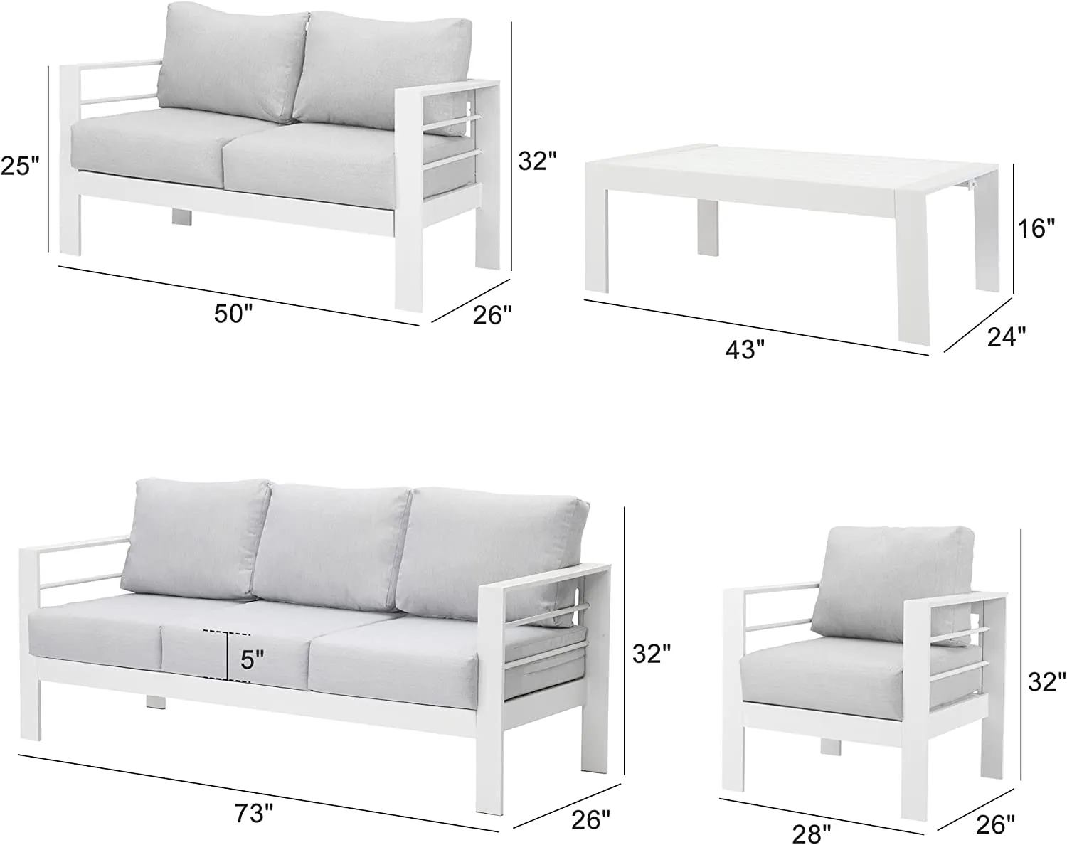 Superjoe 5 Pcs Outdoor Aluminum Furniture Set 7 Seats Patio Sectional Sofa Conversation Set Metal Sofa with 5 Inch Cushion and Coffee Table for Balcony, Garden, White