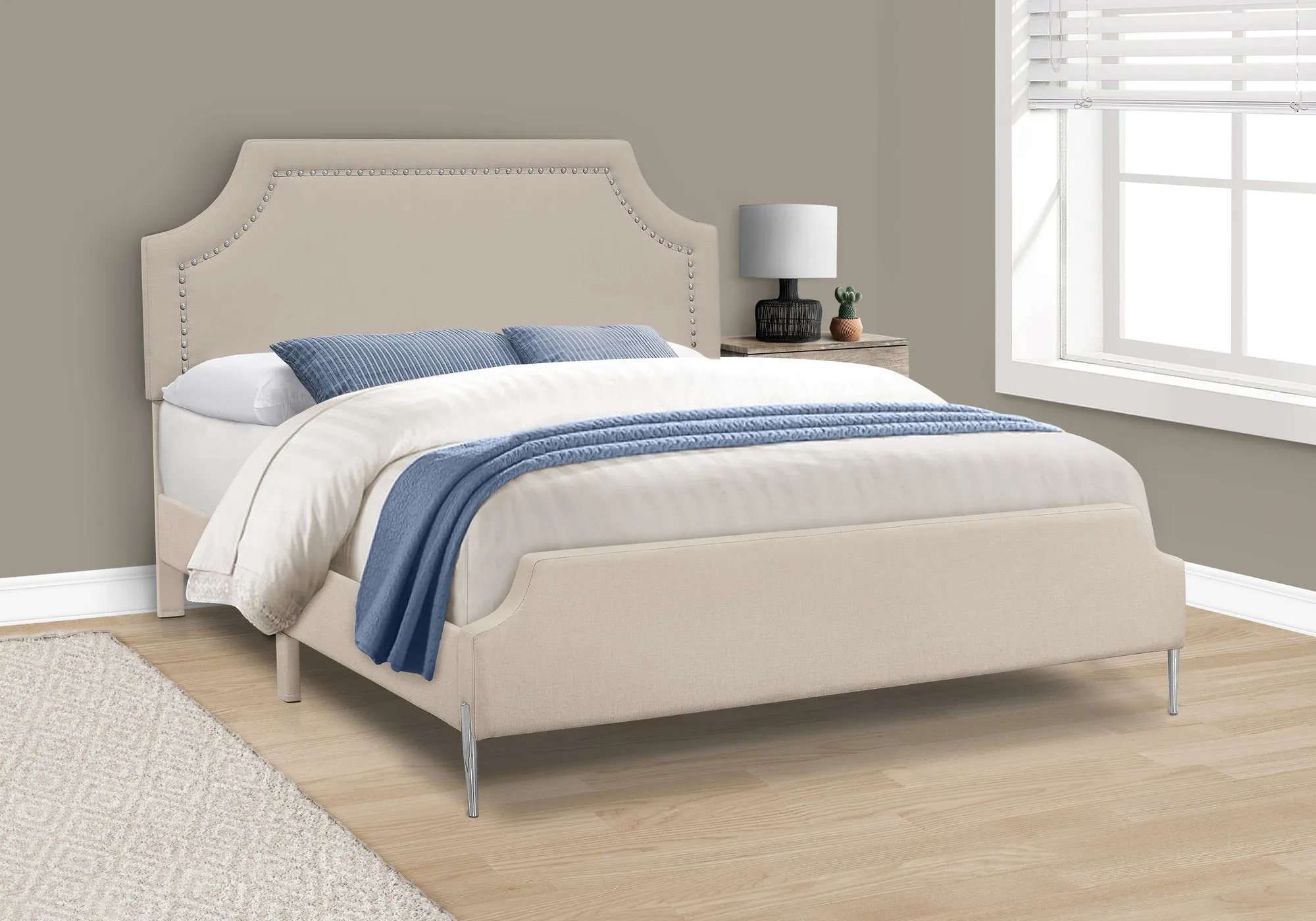 Transitional Upholstered Bed - Queen Size, Beige Linen Look, Chrome Legs