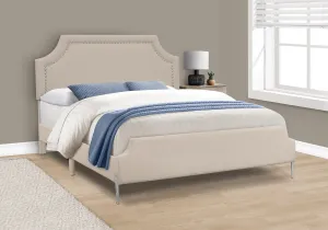 Transitional Upholstered Bed - Queen Size, Beige Linen Look, Chrome Legs